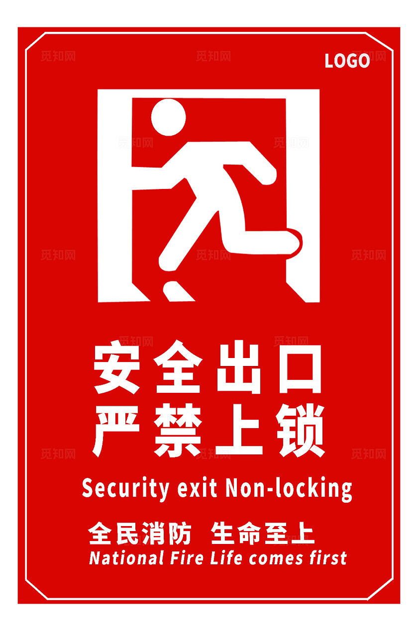 安全出口标识标志 安全出口 严禁上锁 全民消防 生命至上安全标识