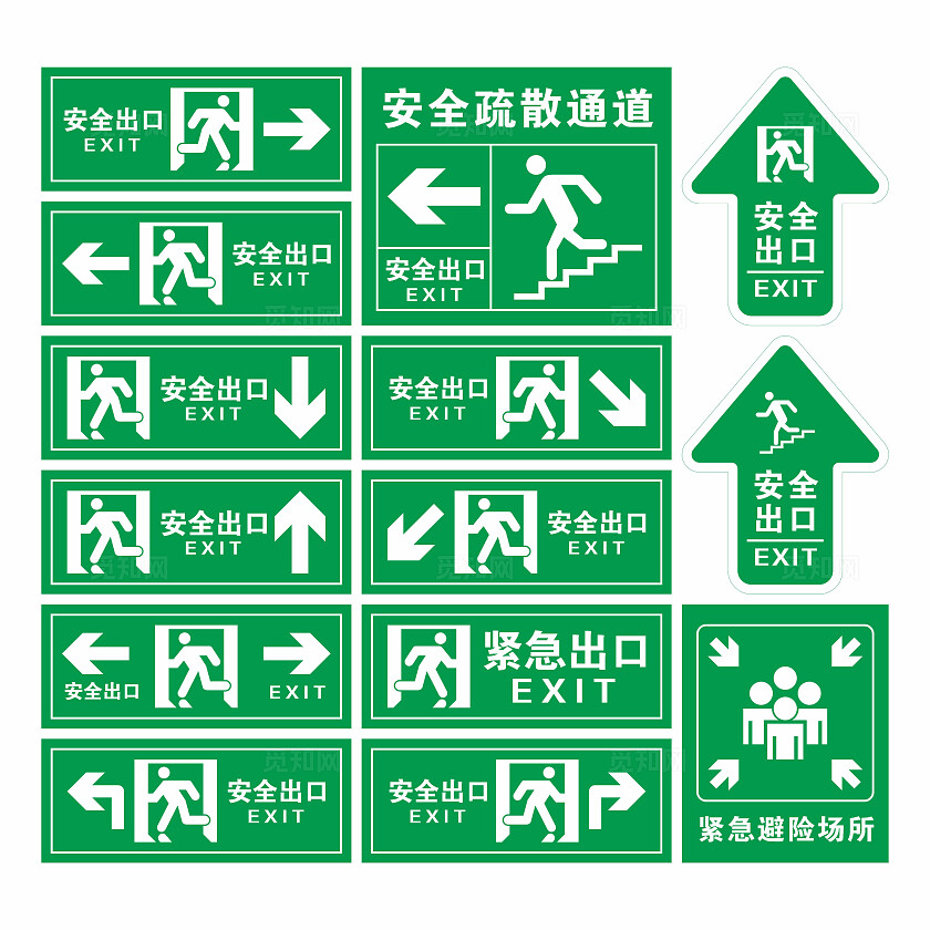 安全出口标识标志不同方向的安全出口紧急出口安全疏散通道安全标识
