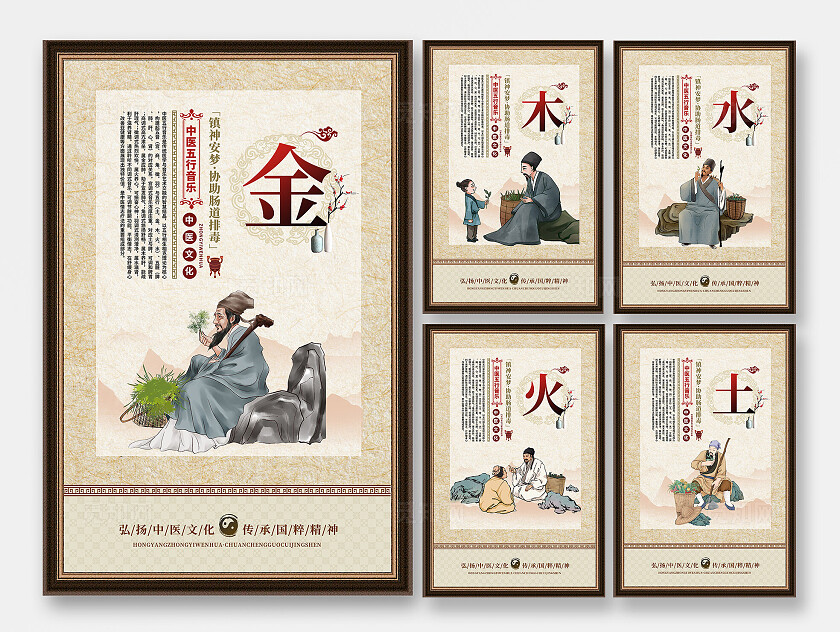 中国风中式五行养生中医宣传海报套图