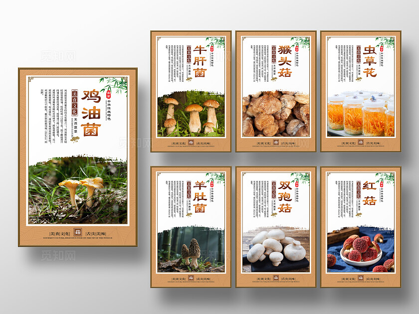餐饮金色大气美食文化菌菇宣传套图