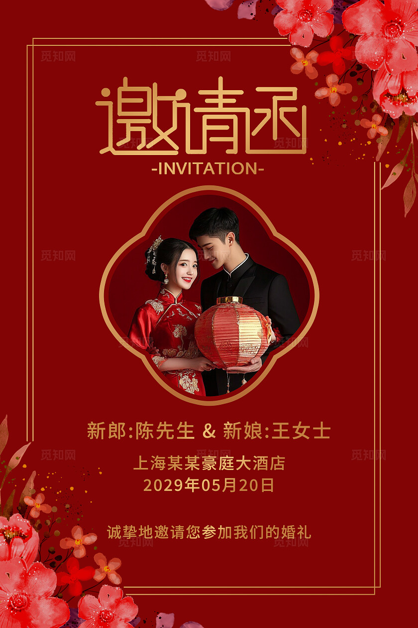 红色花卉邀请函婚礼邀请函婚宴邀请函