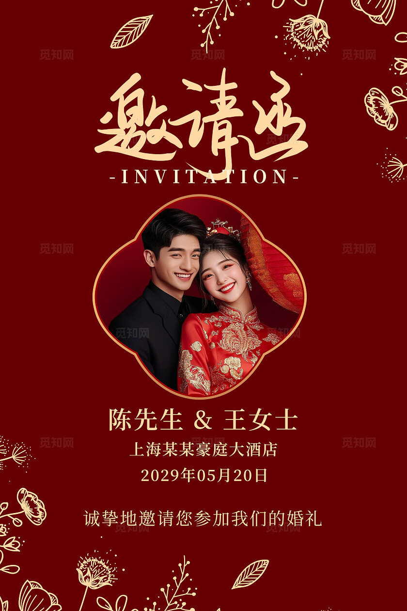 红色花卉婚礼邀请函
