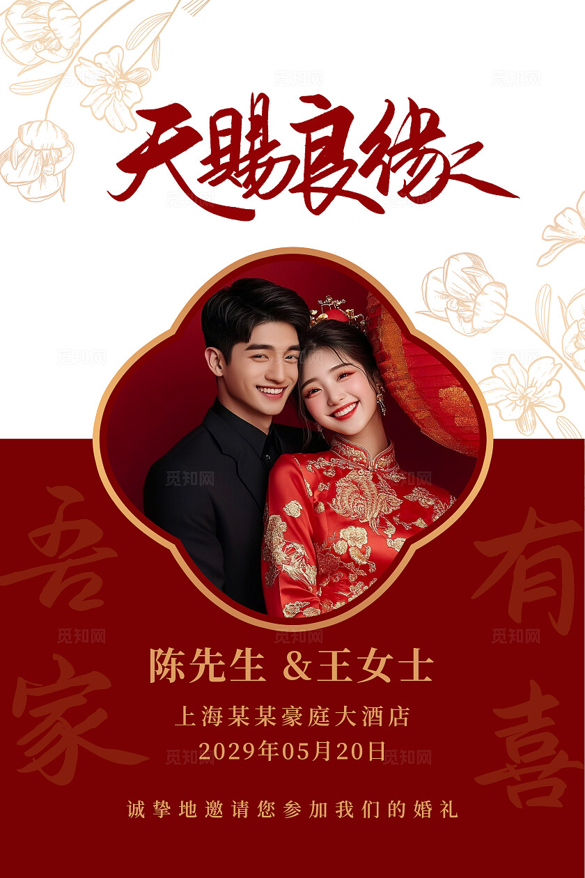 红色婚礼海报天赐良缘婚礼水牌