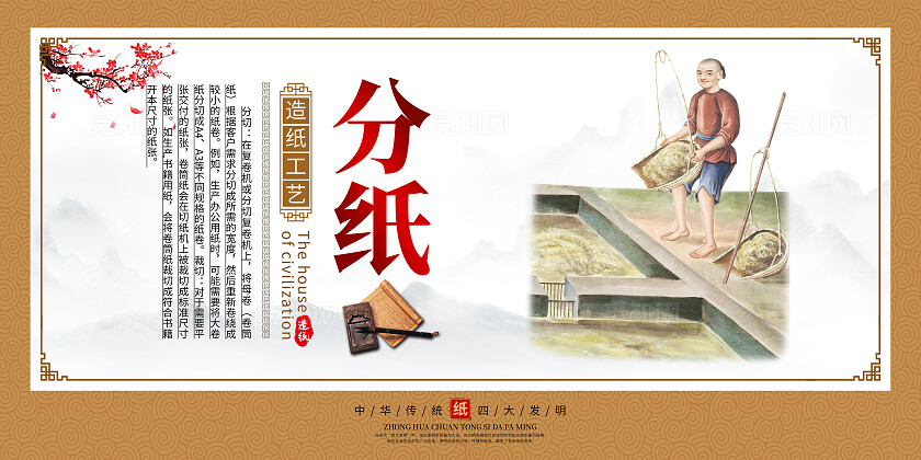 橙色中国风造纸文化造纸工艺传统文化展板套图背景