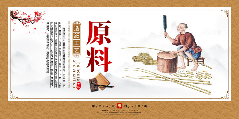 橙色中国风造纸文化造纸工艺传统文化展板套图背景