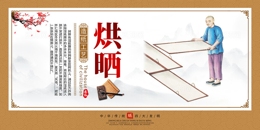 橙色中国风造纸文化造纸工艺传统文化展板套图背景