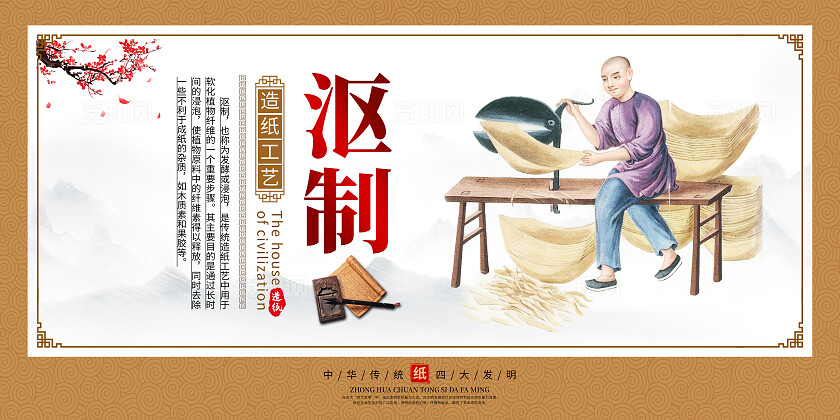 橙色中国风造纸文化造纸工艺传统文化展板套图背景