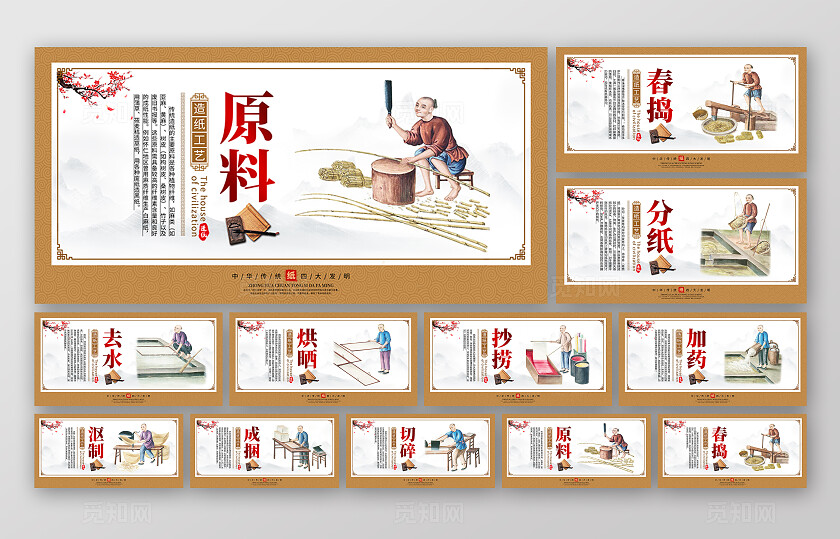橙色中国风造纸文化造纸工艺传统文化展板套图背景