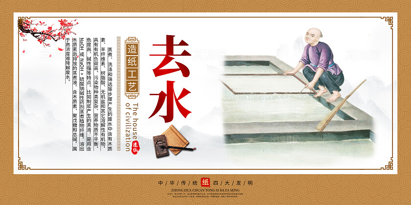 橙色中国风造纸文化造纸工艺传统文化展板套图背景
