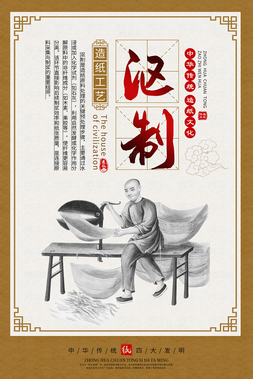 黄色中国风造纸文化造纸工艺传统文化海报套图背景