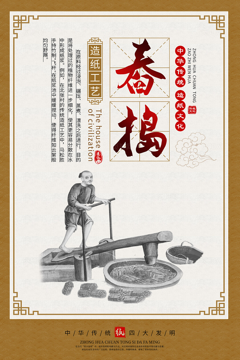 黄色中国风造纸文化造纸工艺传统文化海报套图背景