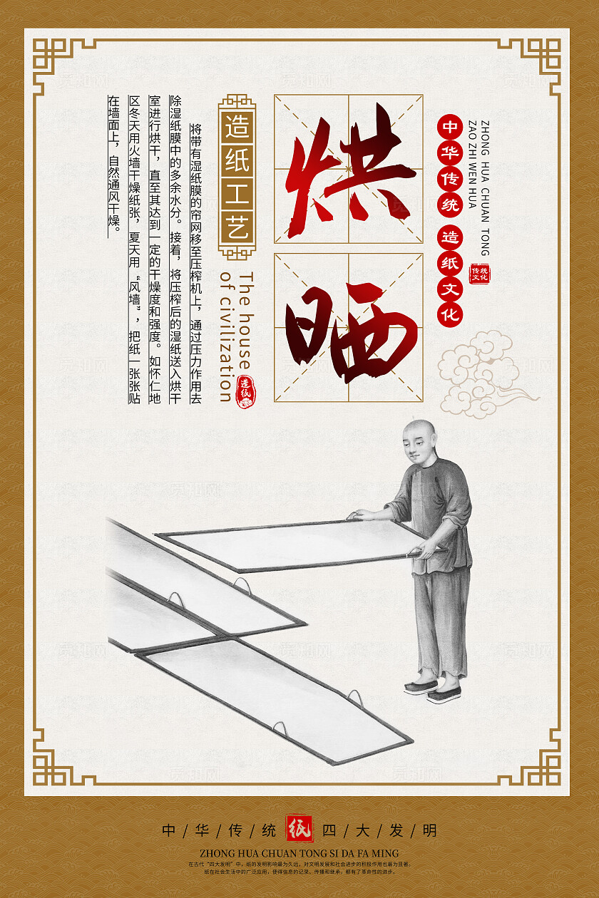 黄色中国风造纸文化造纸工艺传统文化海报套图背景