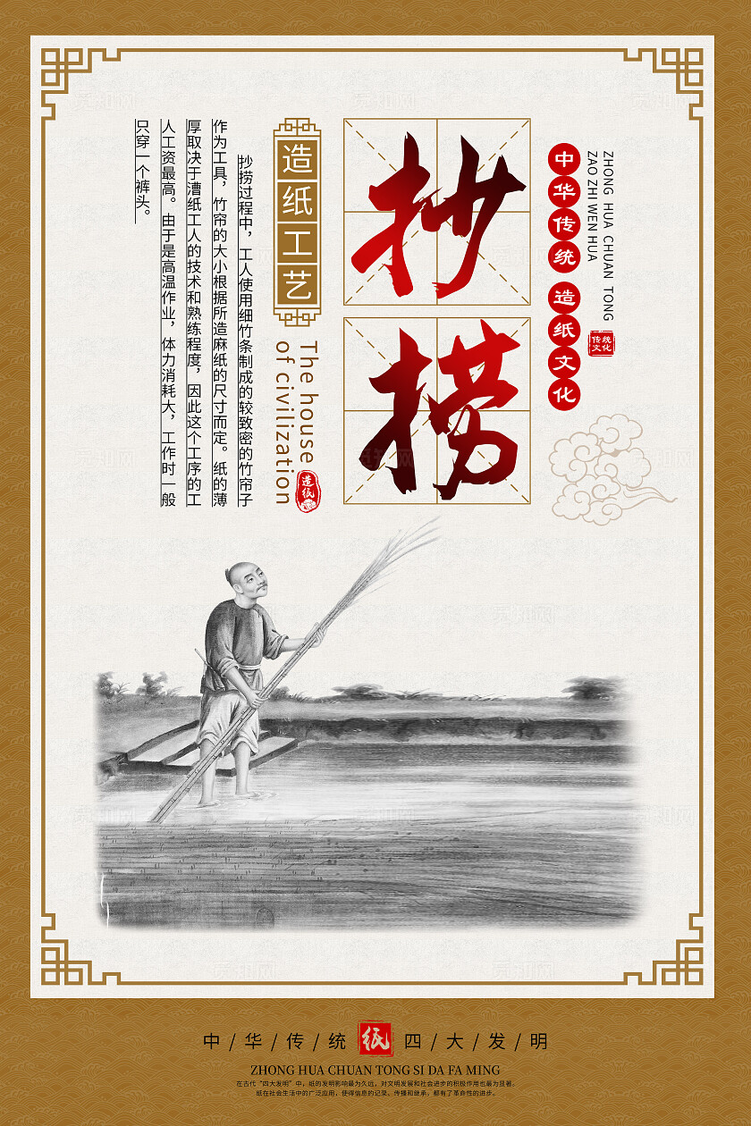 黄色中国风造纸文化造纸工艺传统文化海报套图背景