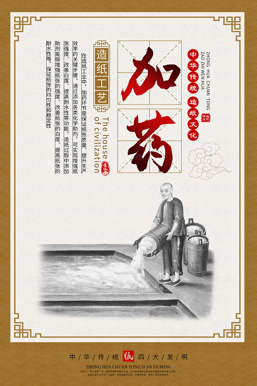 黄色中国风造纸文化造纸工艺传统文化海报套图背景