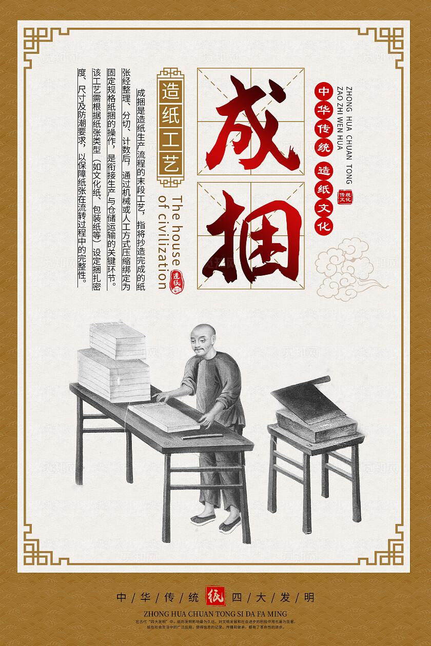 黄色中国风造纸文化造纸工艺传统文化海报套图背景