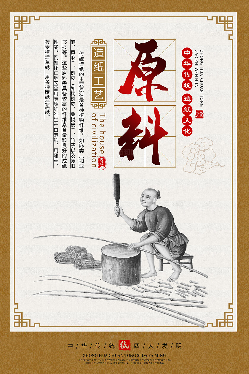 黄色中国风造纸文化造纸工艺传统文化海报套图背景