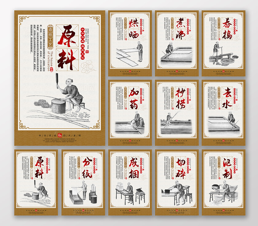 黄色中国风造纸文化造纸工艺传统文化海报套图背景