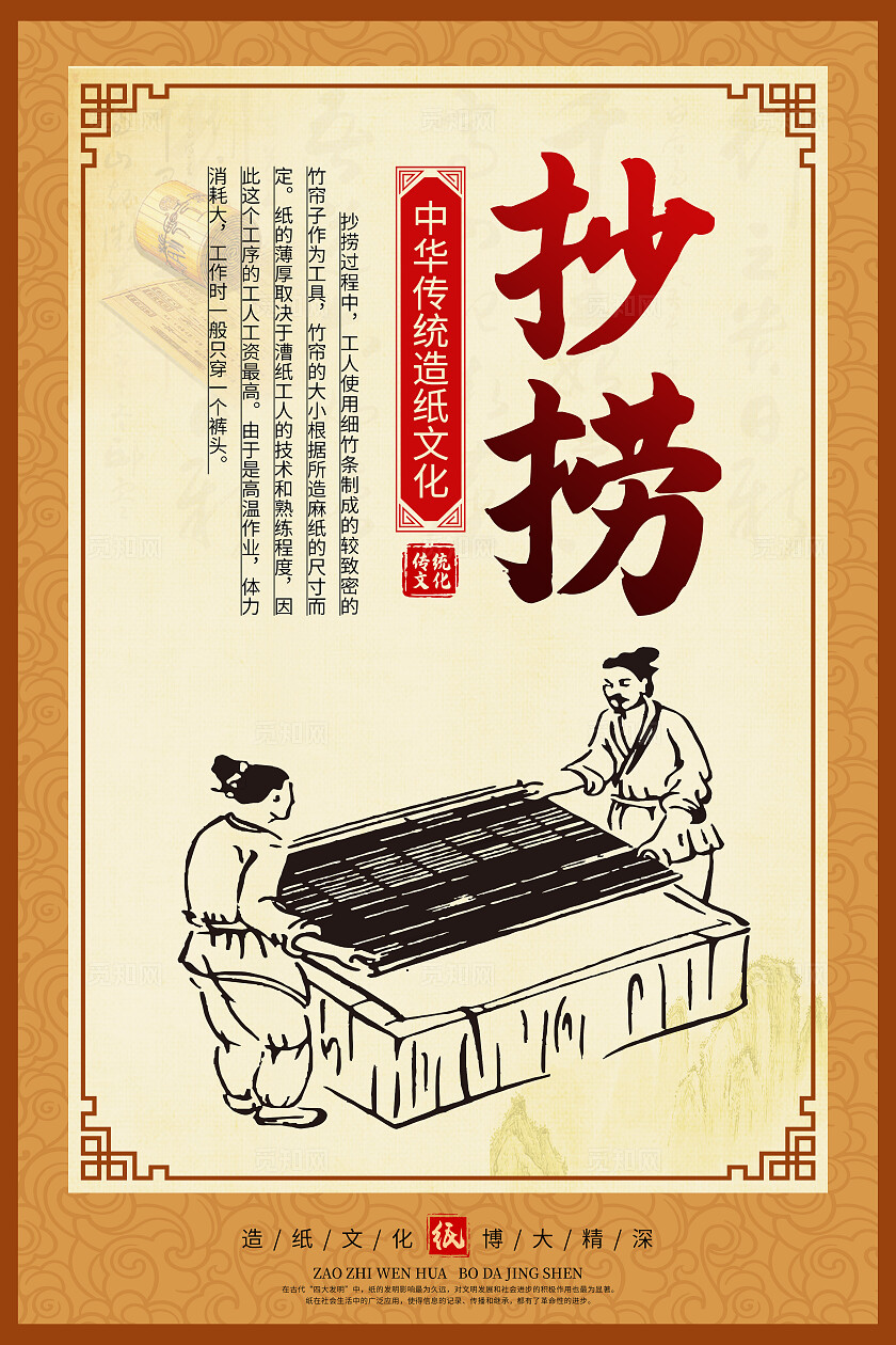 橙色中国风造纸文化造纸工艺传统文化海报套图背景