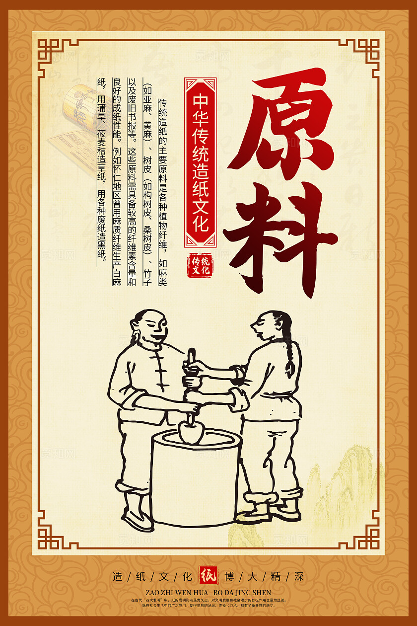 橙色中国风造纸文化造纸工艺传统文化海报套图背景