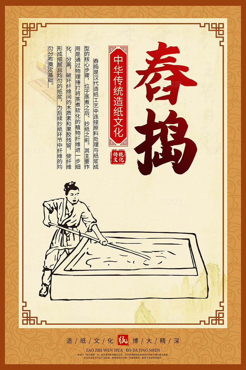 橙色中国风造纸文化造纸工艺传统文化海报套图背景