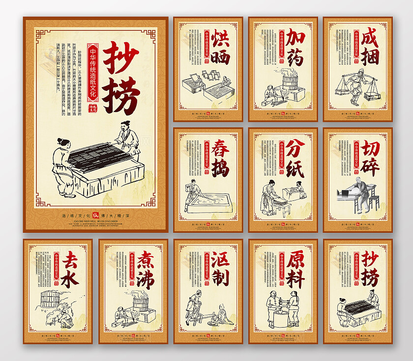 橙色中国风造纸文化造纸工艺传统文化海报套图背景