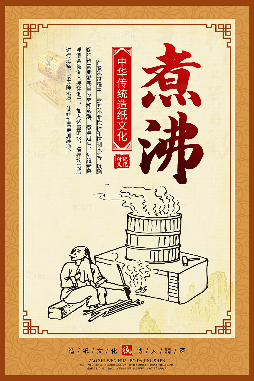 橙色中国风造纸文化造纸工艺传统文化海报套图背景