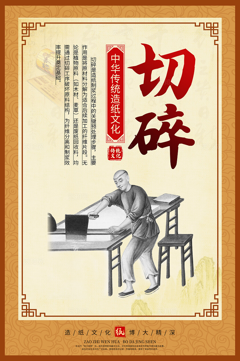 橙色中国风造纸文化造纸工艺传统文化海报套图背景