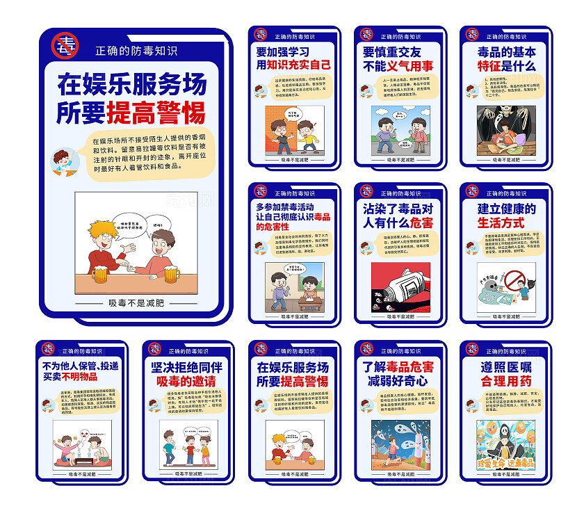 蓝色卡通正确防毒知识禁毒宣传海报套图