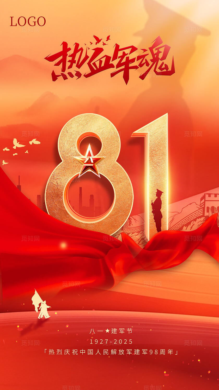 红色大气八一建军节剪影海报