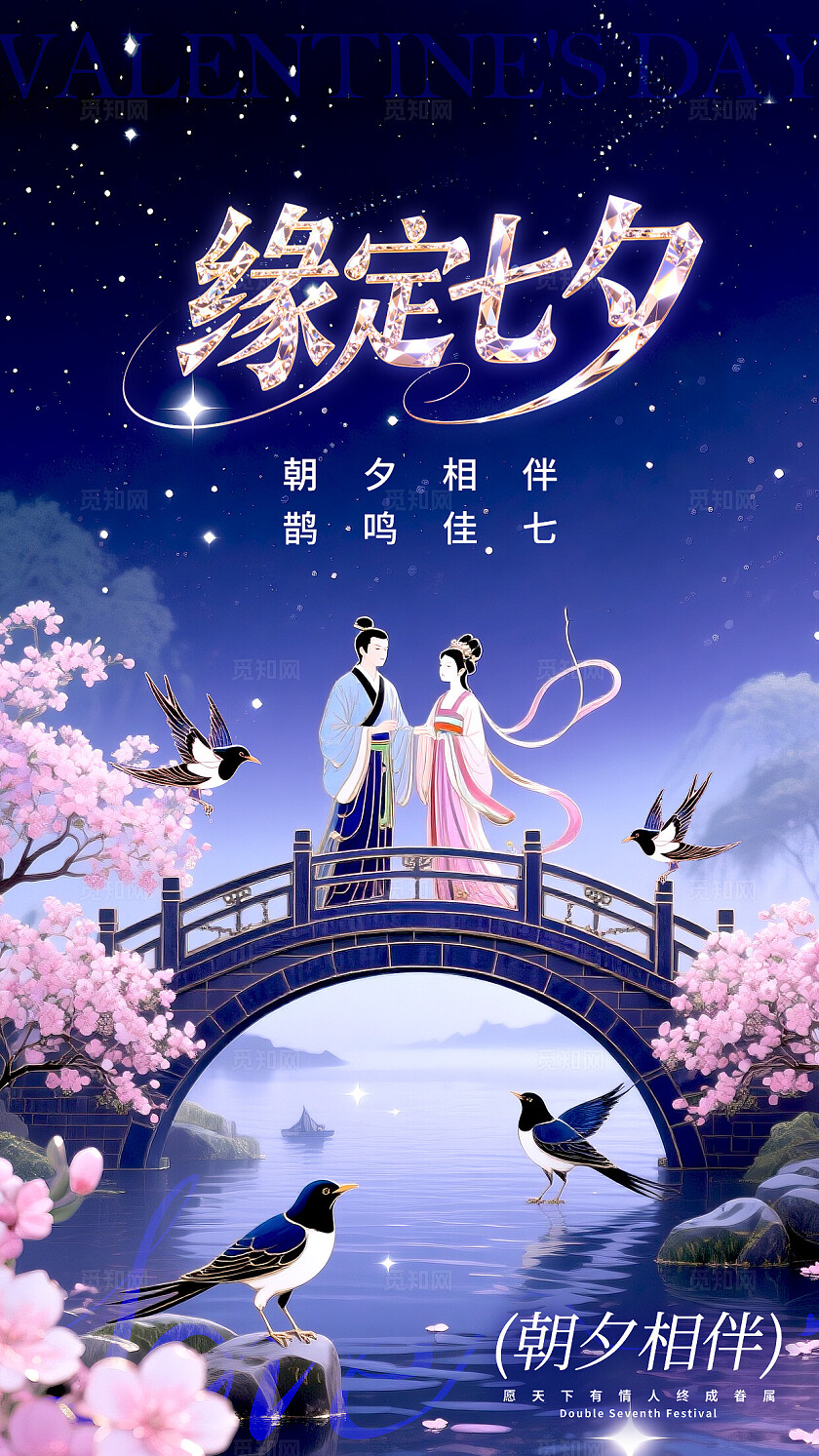 蓝色渐变掐丝珐琅风风格缘定七夕七夕节宣传海报