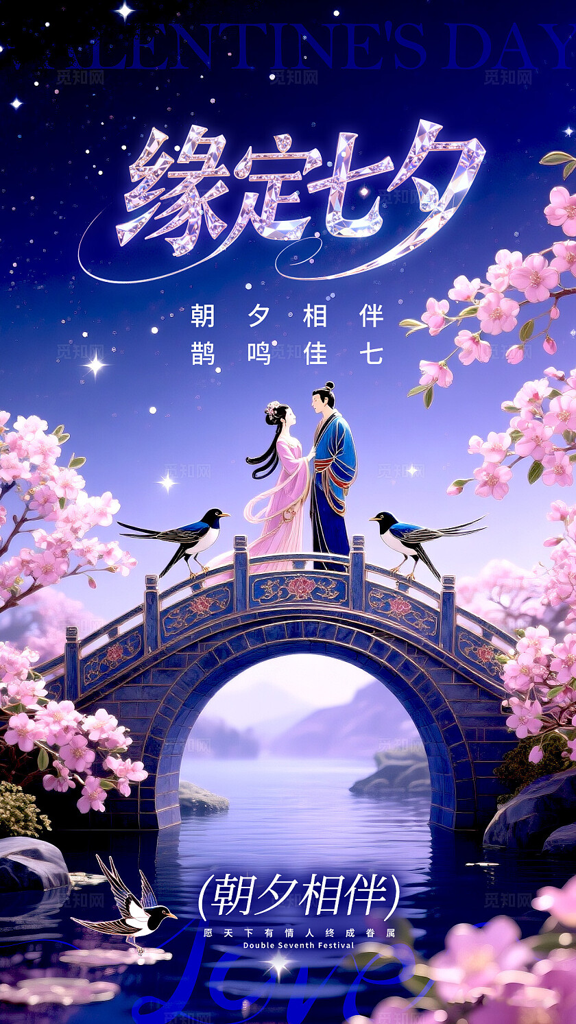 蓝色渐变掐丝珐琅风风格缘定七夕七夕节宣传海报