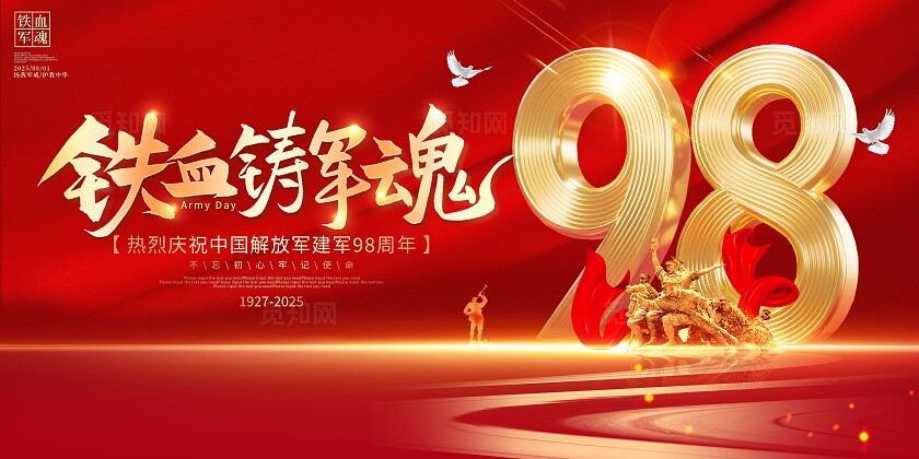 红色大气建军98周年八一建军节宣传展板常规