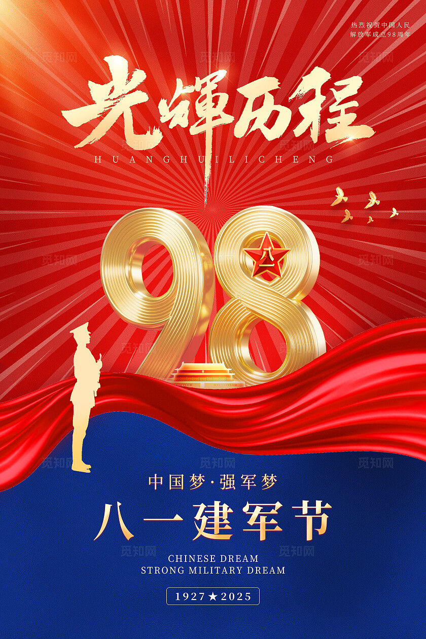 红色蓝色大气光辉历程81建军节八一建军节海报