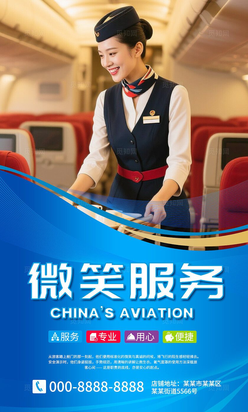 蓝色简约航空空乘空姐机场宣传海报套图