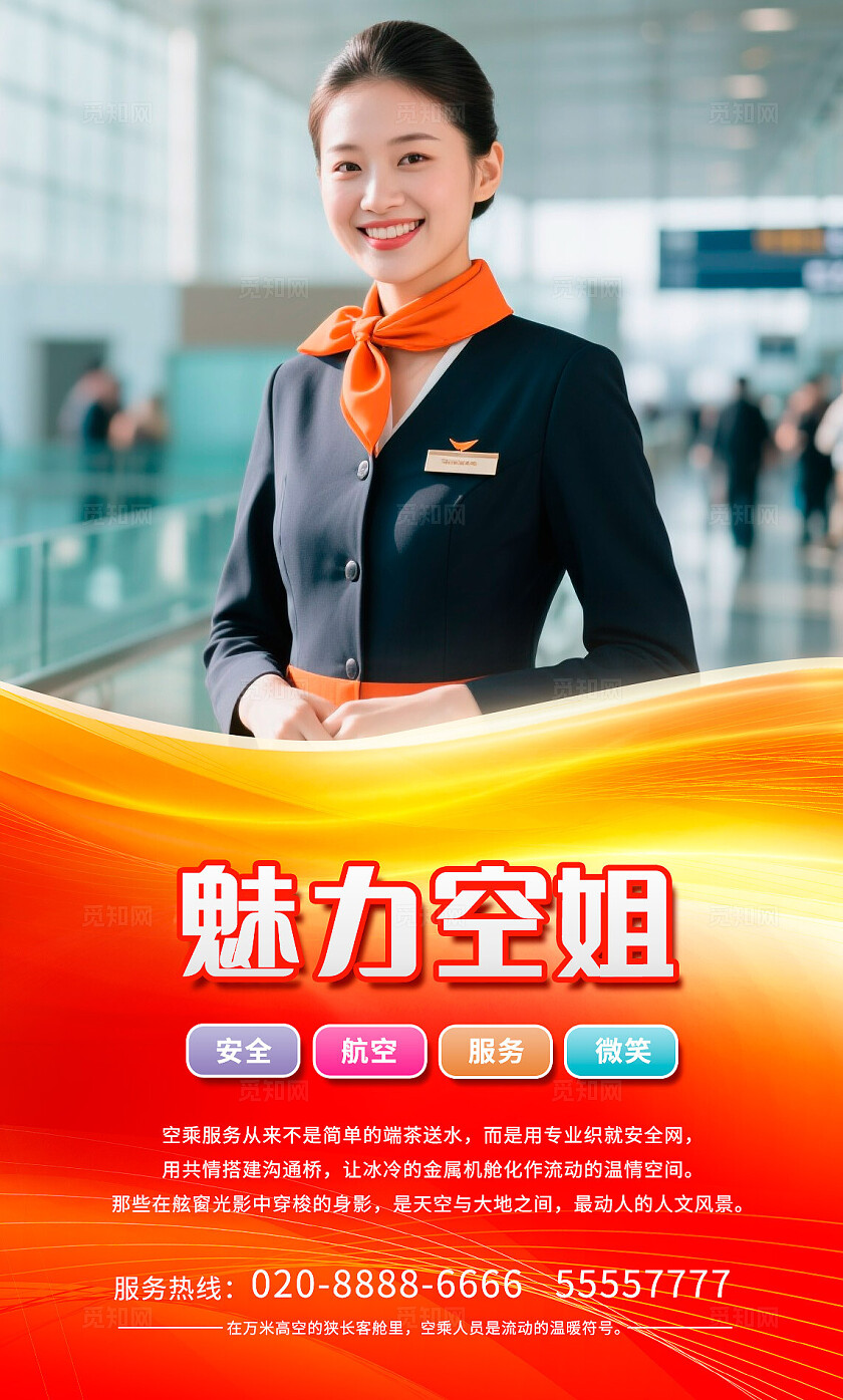 红色简约航空空乘空姐机场宣传海报套图