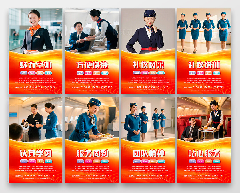 红色简约航空空乘空姐机场宣传海报套图