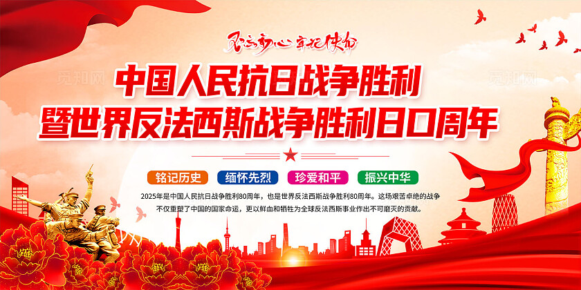 红色大气抗日战争胜利80周年纪念日党建展板