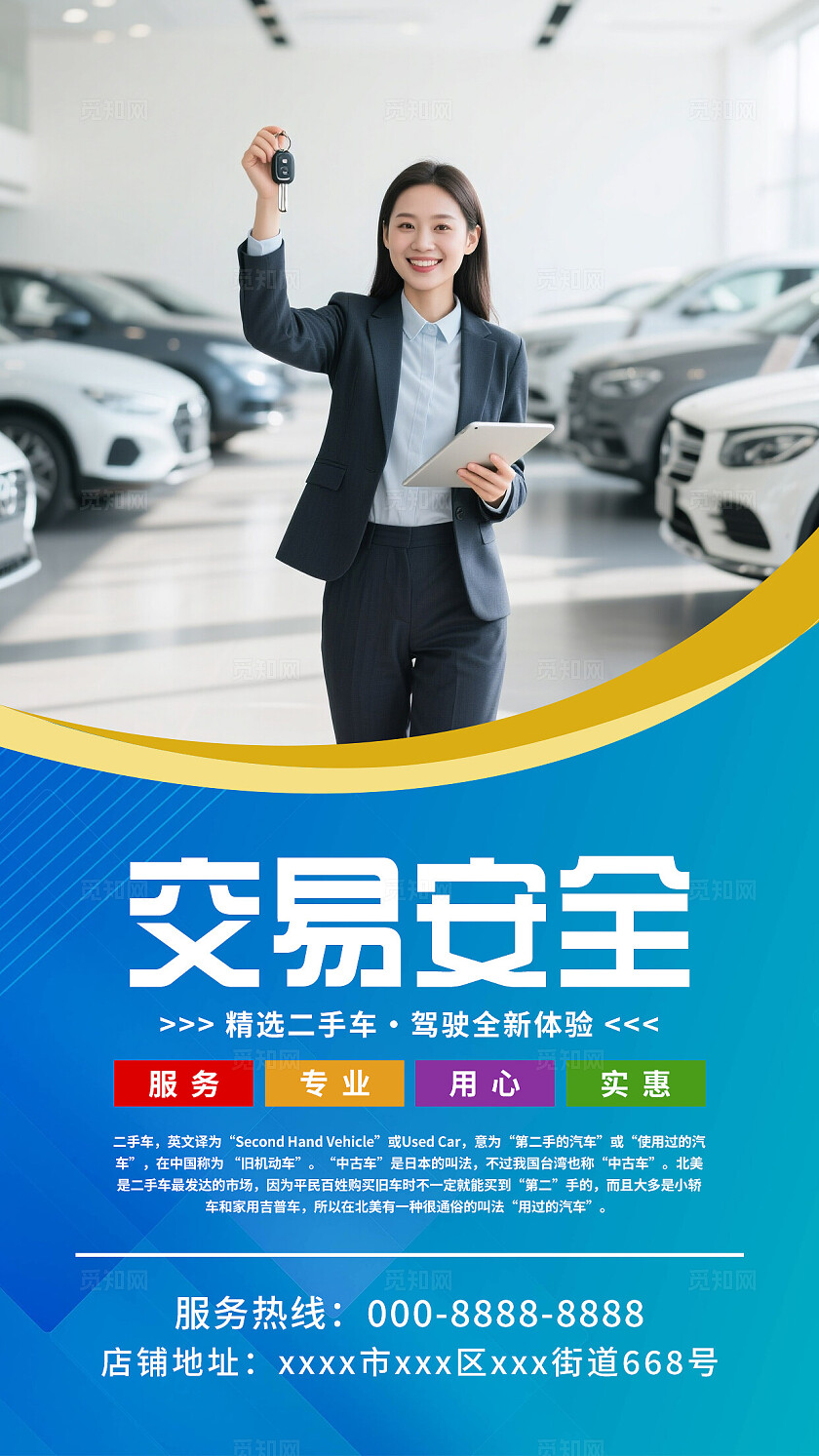 蓝色大气二手车车行宣传海报套图