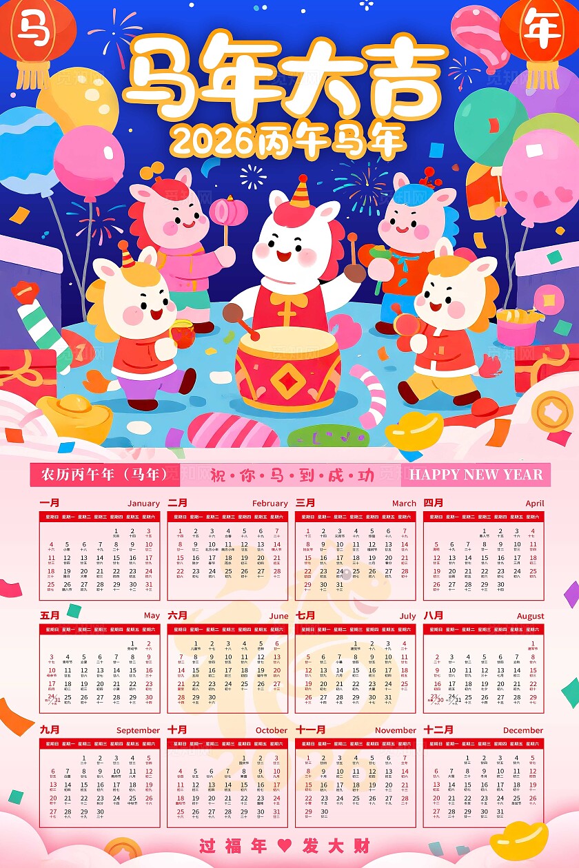 粉色卡通风格马年大吉2026年马年日历2026年日历马年海报日历