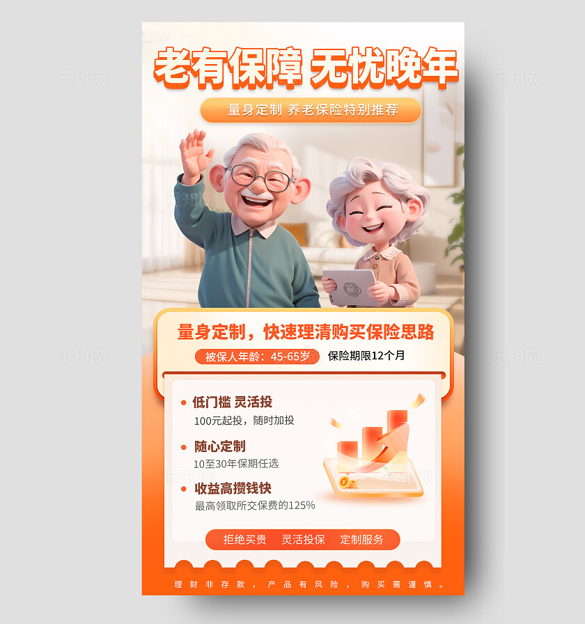 简约3D养老保险手机海报宣传海报