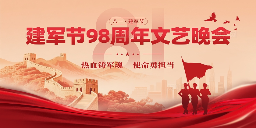 党建风红金81八一建军节周年晚会背景展板