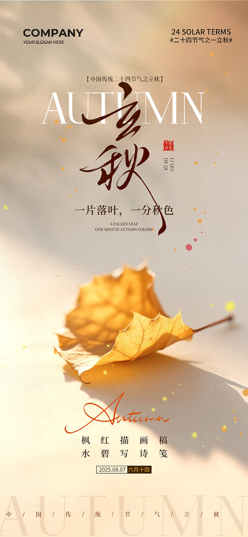 简约一片秋叶二十四节气立秋节气手机宣传海报