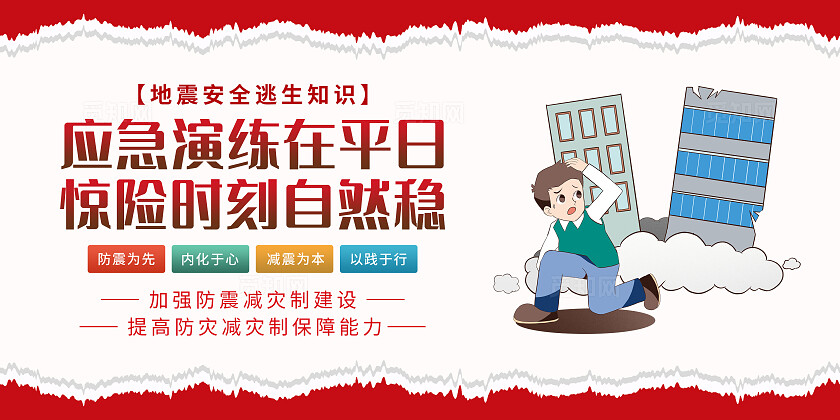 红色手绘卡通地震防震防灾防震减灾横版套图