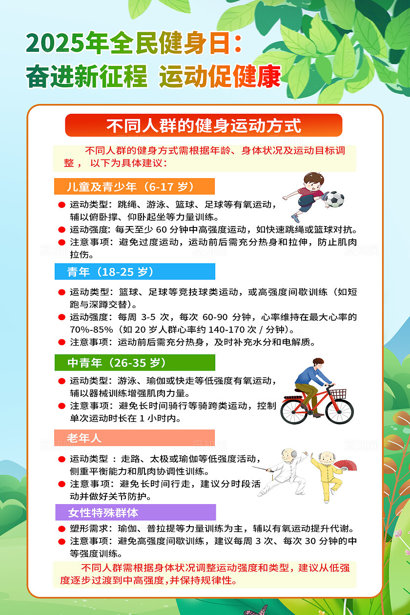 绿色小清新全民健身日奋进新征程运动促健康宣传海报设计