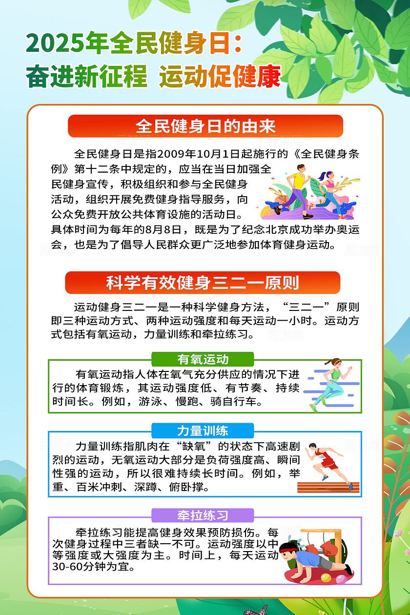 绿色小清新全民健身日奋进新征程运动促健康宣传海报设计