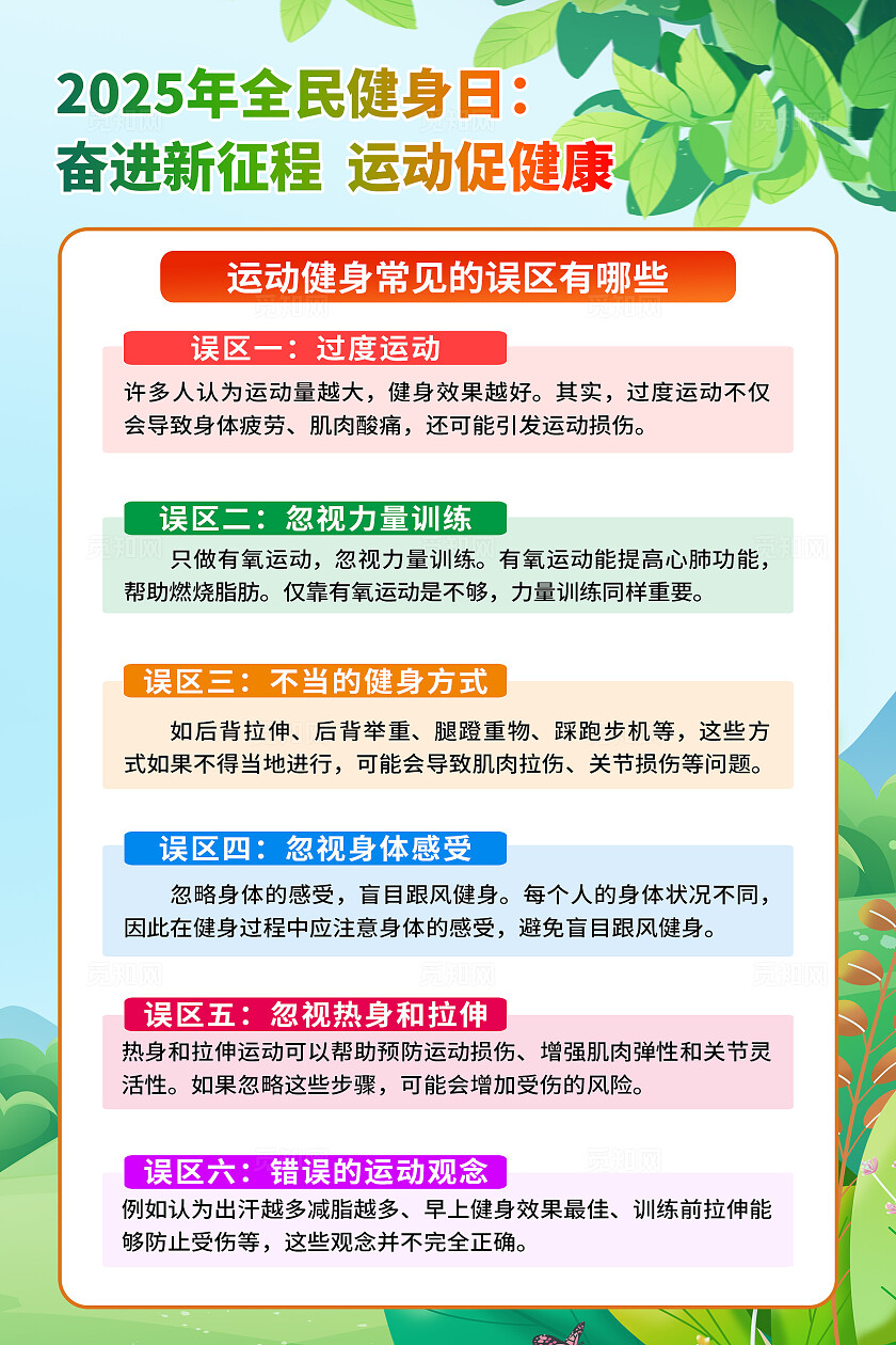 绿色小清新全民健身日奋进新征程运动促健康宣传海报设计