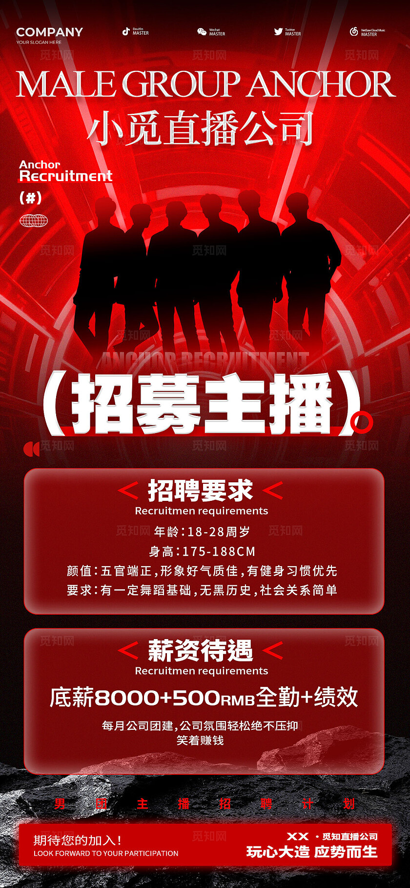 红色科技风格招募主播直播团播招聘手机文案海报直播团播招聘海报