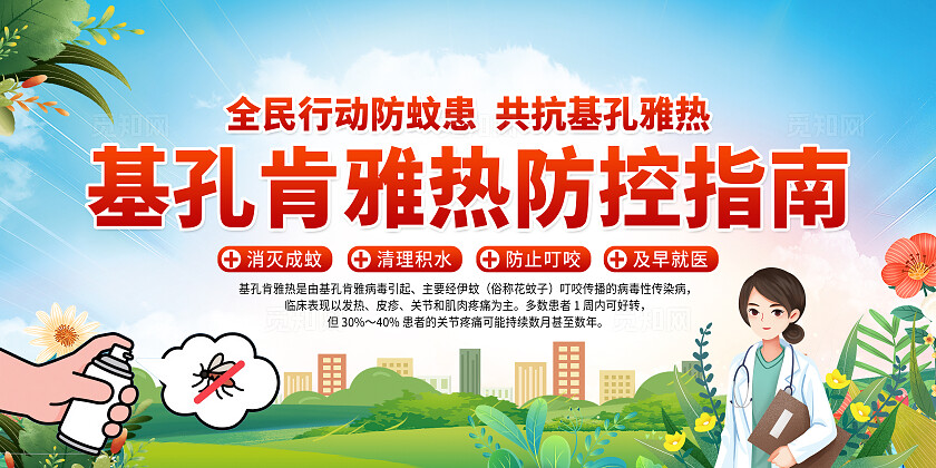 蓝色小清新基孔肯雅热疾病健康治疗宣传栏展板背景预防基孔肯雅热防蚊灭蚊
