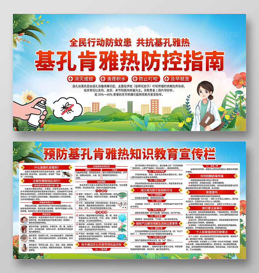 蓝色小清新基孔肯雅热疾病健康治疗宣传栏展板背景预防基孔肯雅热防蚊灭蚊