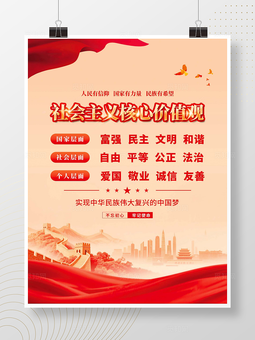 党建风红色大气社会主义核心价值观背景海报